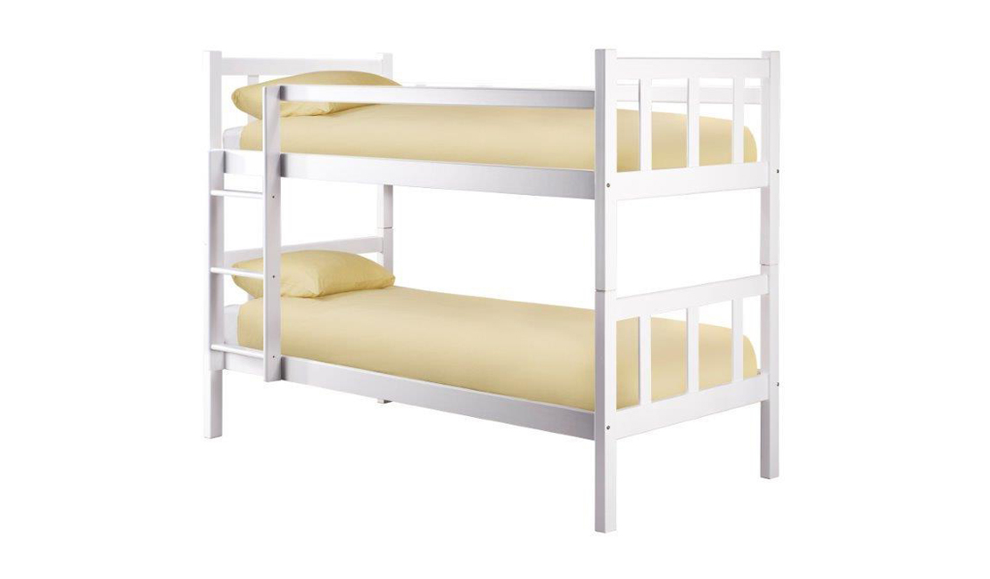 White bunk beds against a white backdrop.