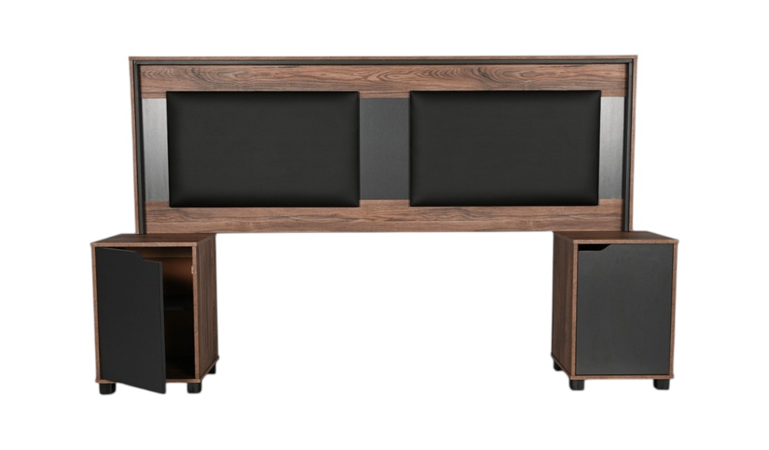 A black PU leather padded Bailey headboard and pedestals set against a white background