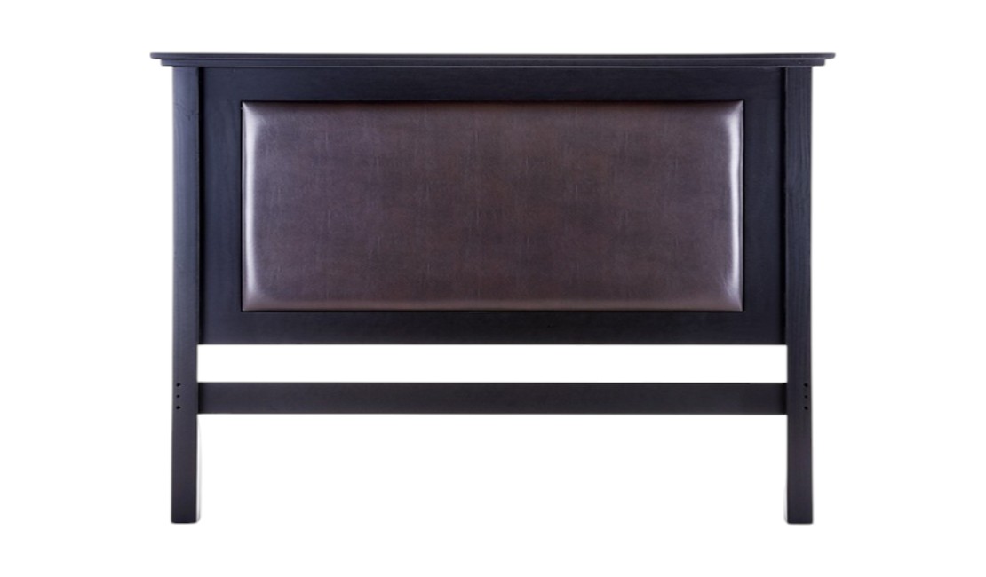 A leather padded mahogany Oslo headboard against a white background