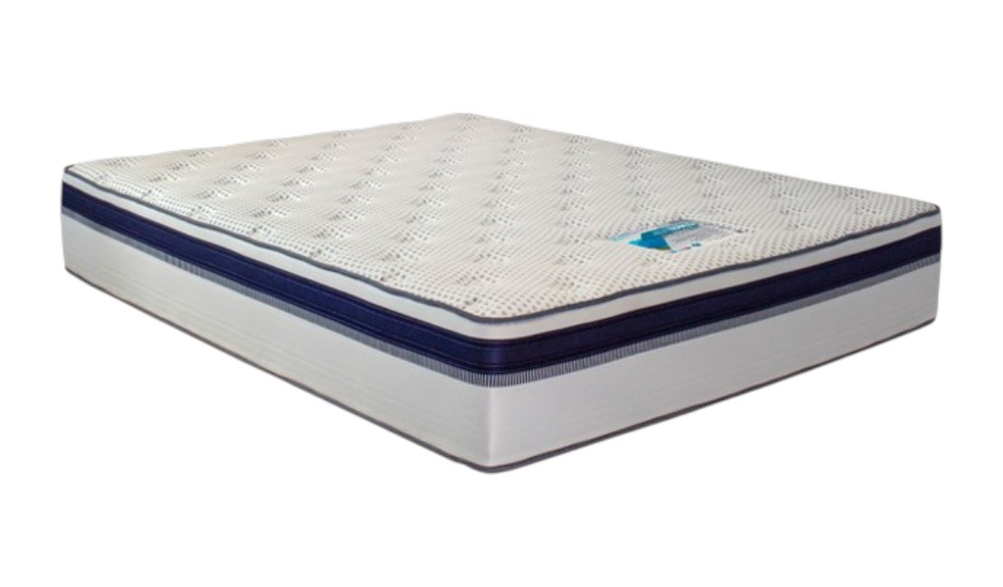 Cloud Nine white and navy bedroom mattress against a mattress