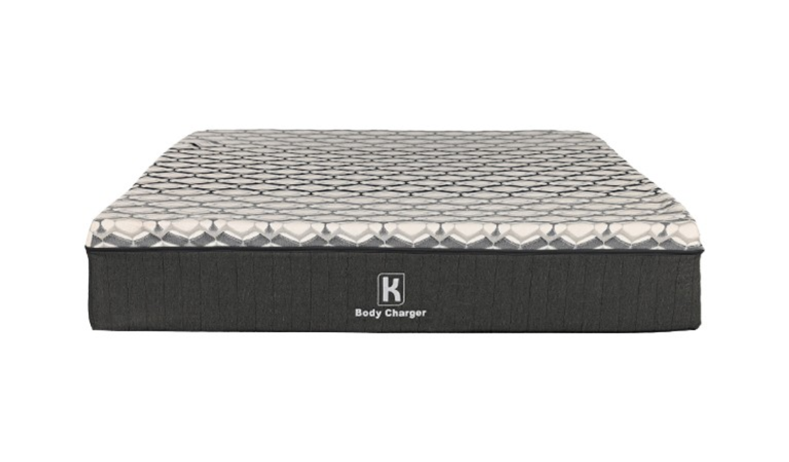 Dark grey, patterned, Kooi Body Charger mattress against a white background