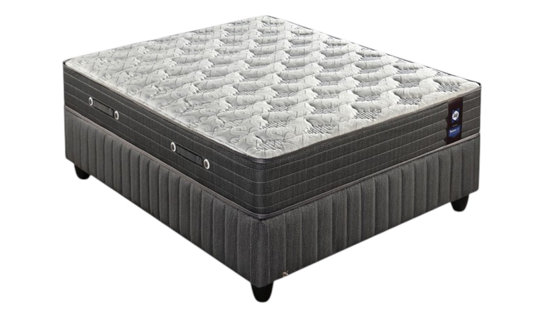 Dark grey Sealy firm mattress against a white background