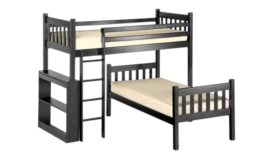 Mahogany L-shaped bunk bed against a white background