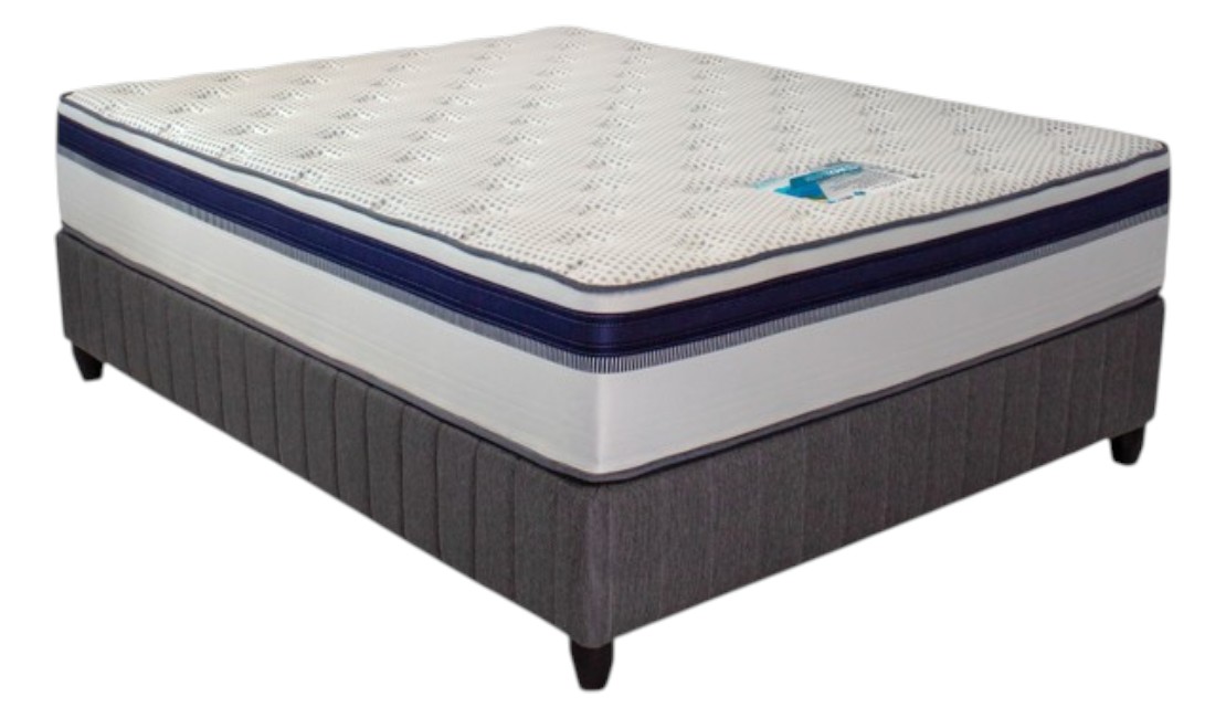 White, navy and grey Cloud Nine hospitality bed against a white background