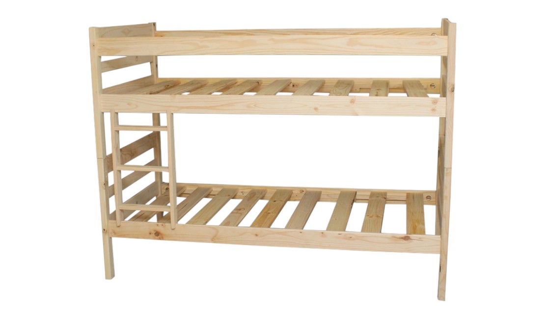 Pine double bunk bed against a white background