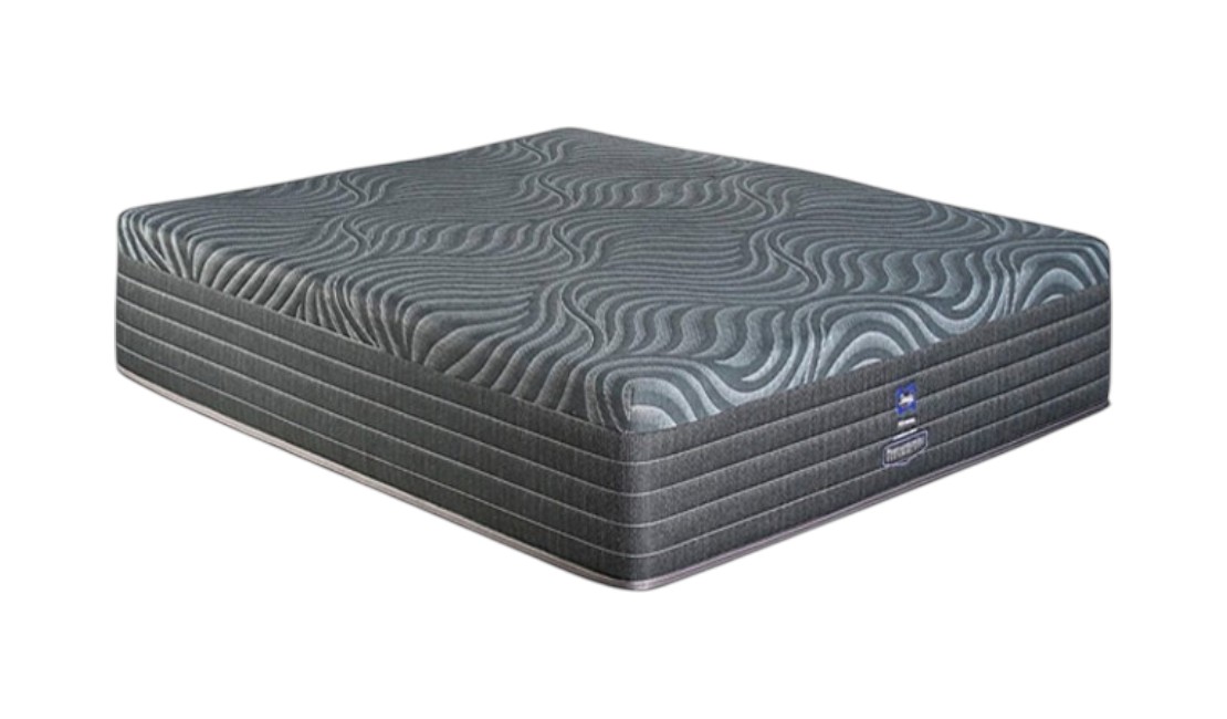 Grey Sealy mattress substituting a cheap mattress against a white background