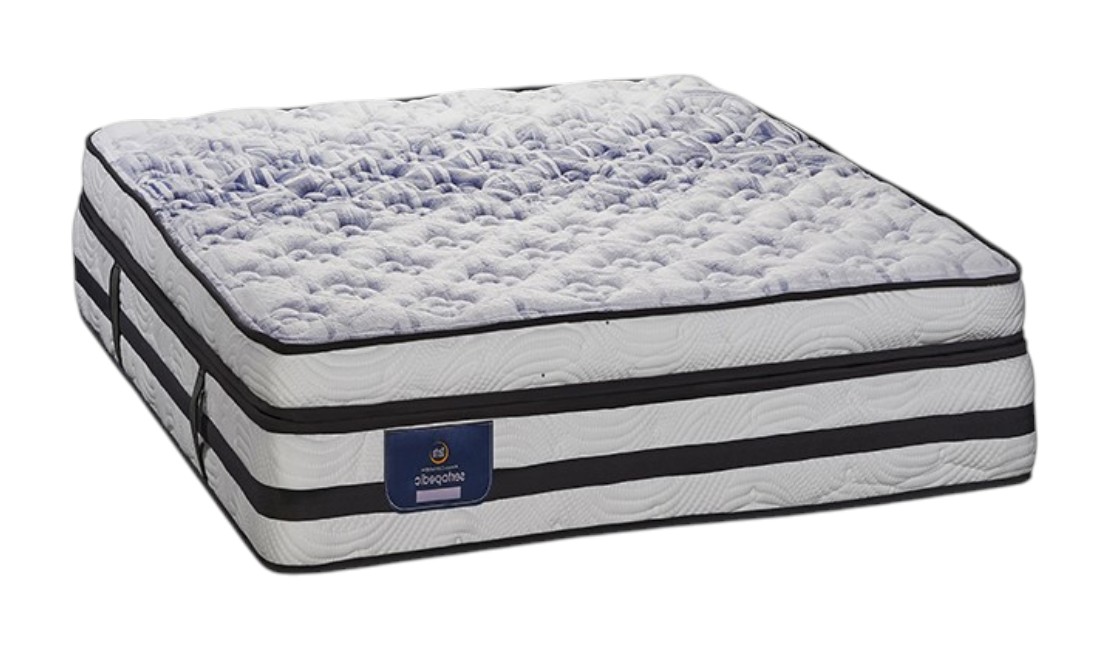 White and navy mattress with medium mattress firmness against a white background